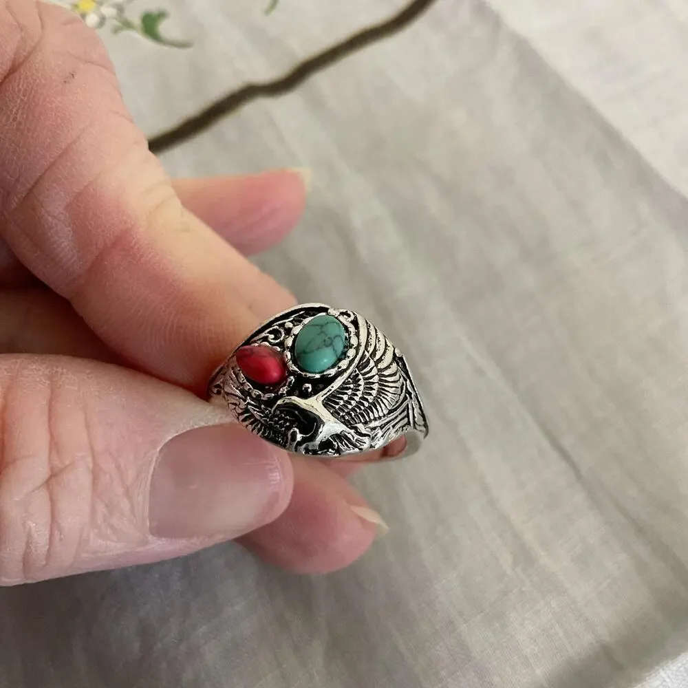 Silver ring with turquoise red Eagle Statement Ring Size 9 - Picture 3 of 5